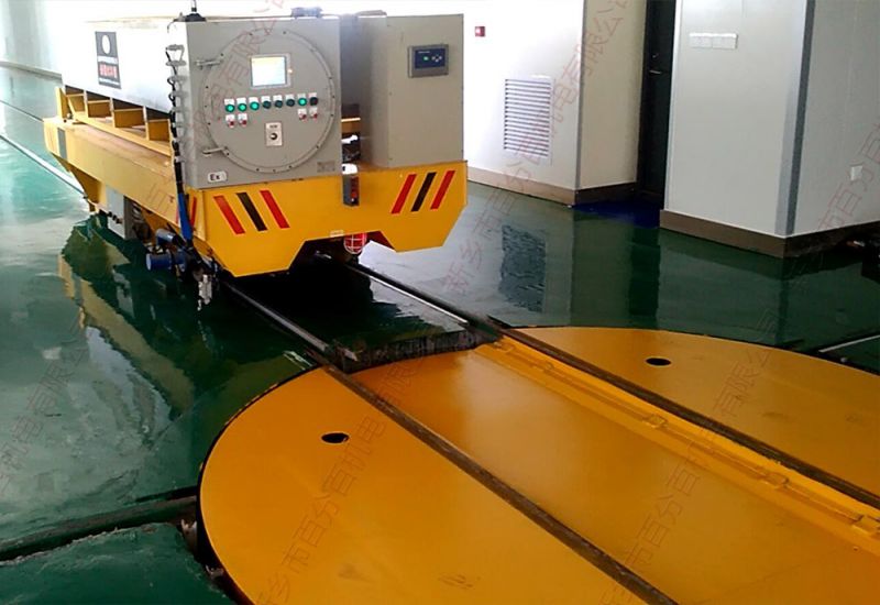 25噸軌道轉(zhuǎn)彎電動(dòng)平車與轉(zhuǎn)盤(pán)配套使用方法